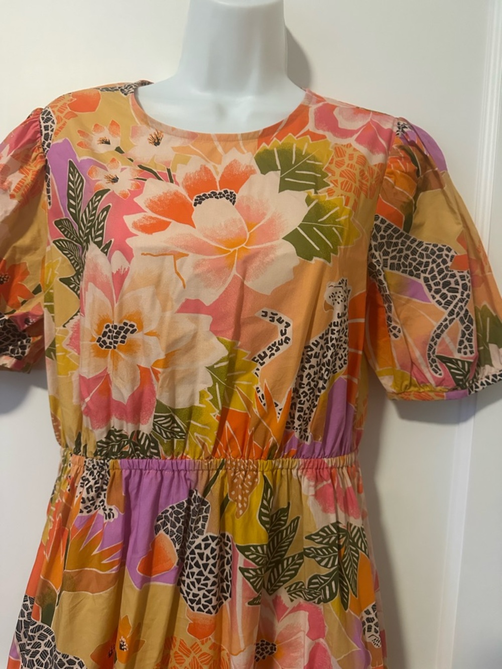 FARM Rio Floral & leopard Midi Dress in Pink, Orange, Yellow, Green